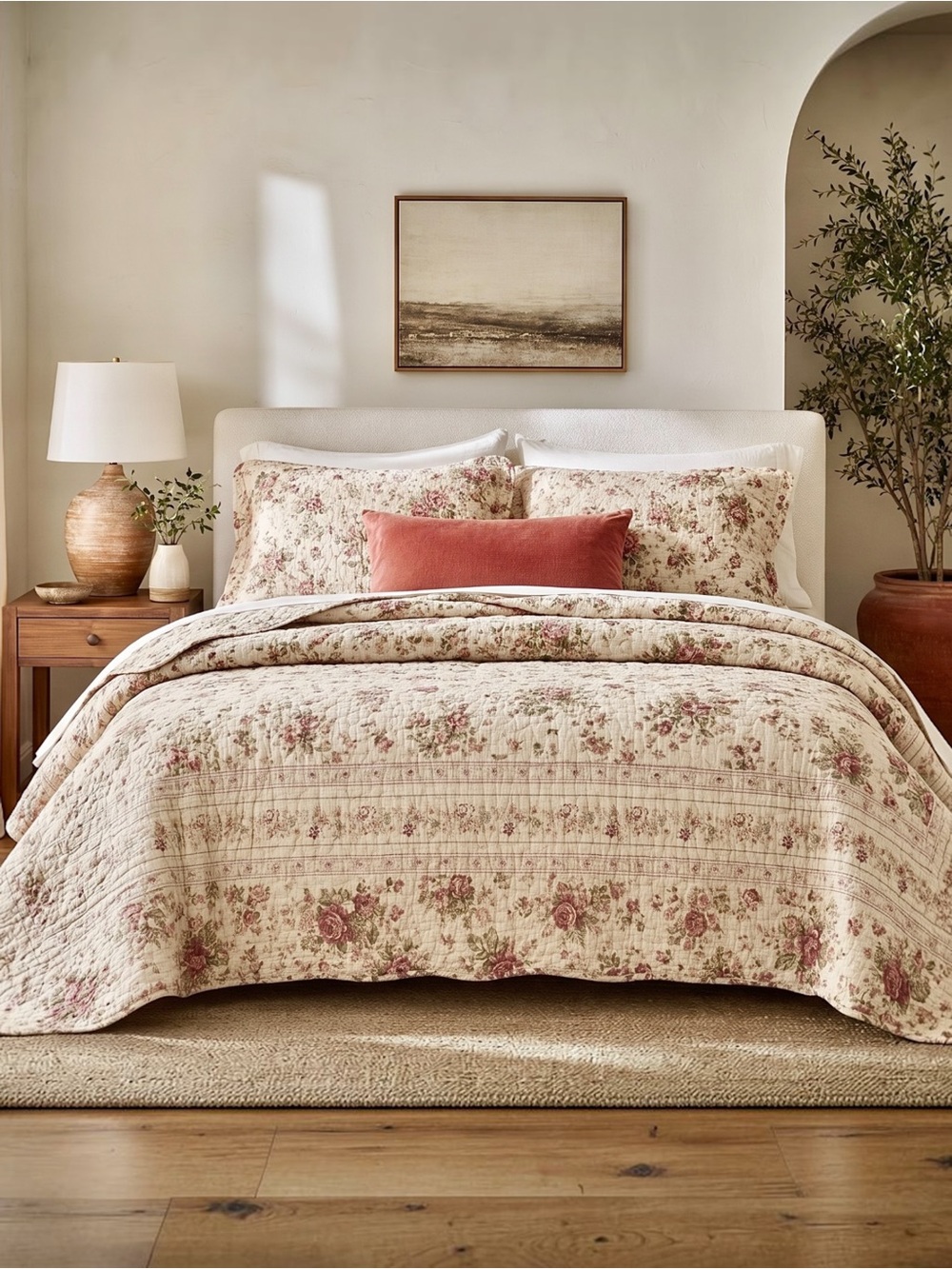 NEW Anthro White Red Floral Cream Queen King Quilt Bedspread Bedding & Sham Set